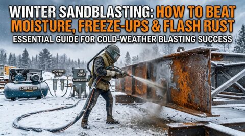 Sandblaster blasting rusty steel beams on a snowy job site with compressor, moisture trap and air dryer set up for cold weather
